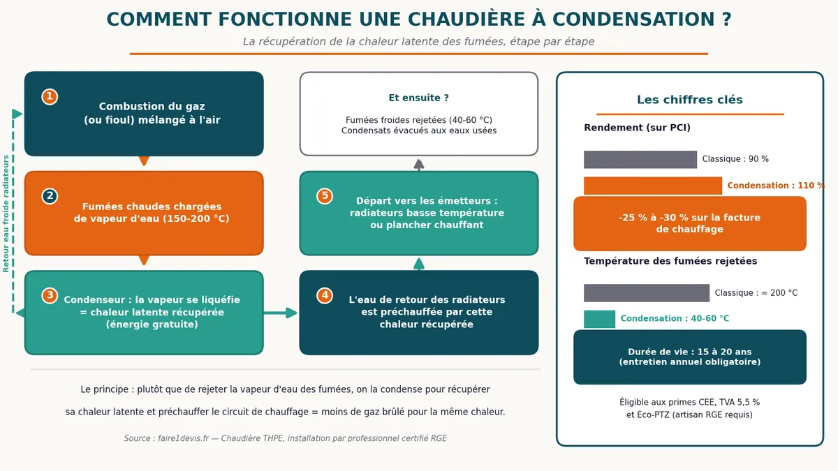 Schéma du fonctionnement d'une chaudière à condensation gaz avec récupération de la chaleur latente