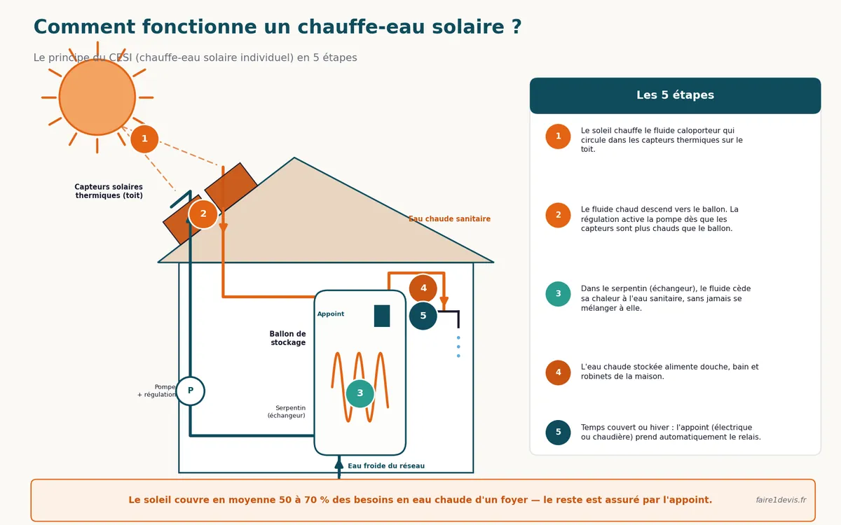 Schéma du fonctionnement d'un chauffe-eau solaire individuel (CESI) avec capteurs, ballon et appoint