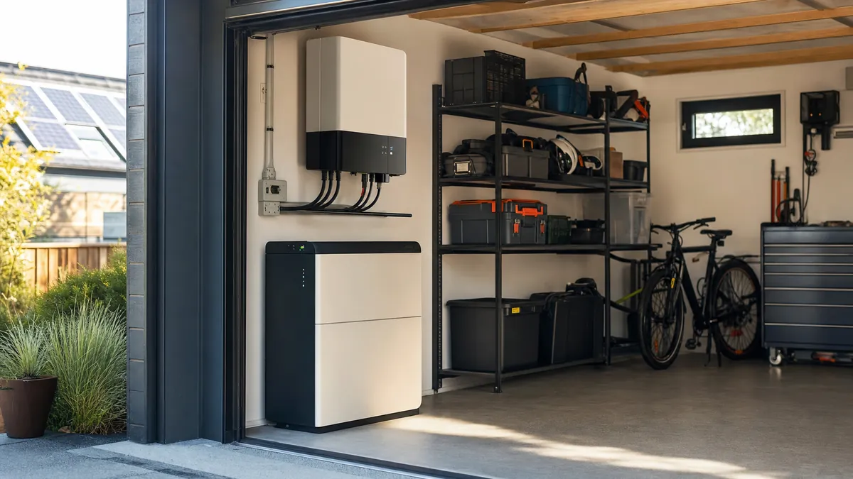 Onduleur mural et batterie de stockage solaire installés dans un garage