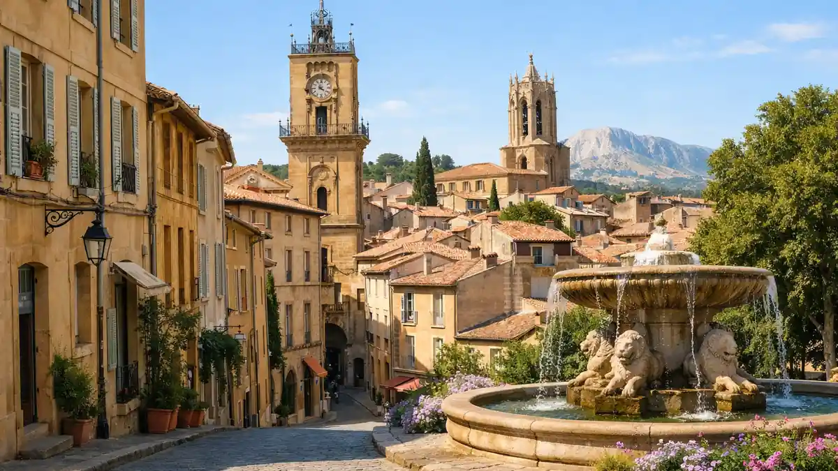 Place typique d'Aix-en-Provence avec sa fontaine et son architecture provençale, illustrant les travaux de rénovation énergétique